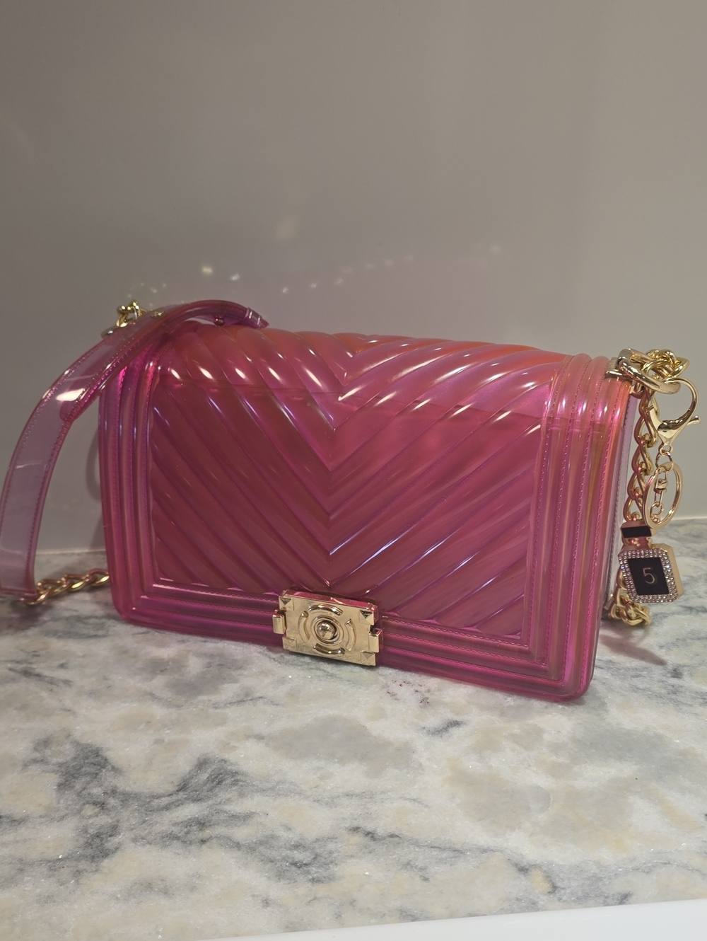 Pink Jelly Chevron Crossbody Bag with Gold Hardware And No.5 Bag Charm